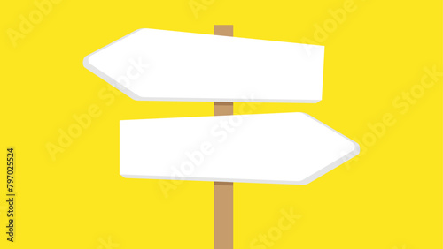 Illustration of a double directional sign post with two blank arrow signs pointing in opposite directions, set against a yellow background.