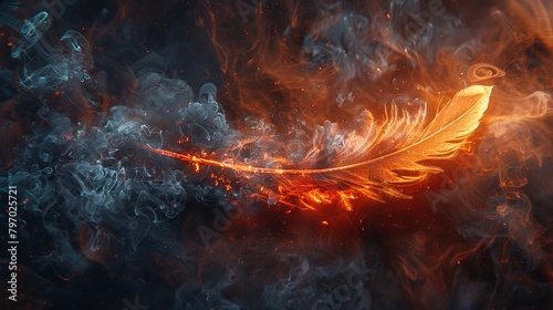 A single fiery orange feather burning at its tip enveloped by swirling smoke photo