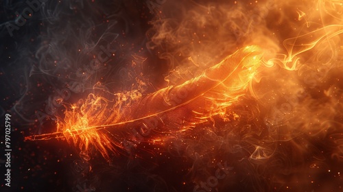 A single fiery orange feather burning at its tip enveloped by swirling smoke