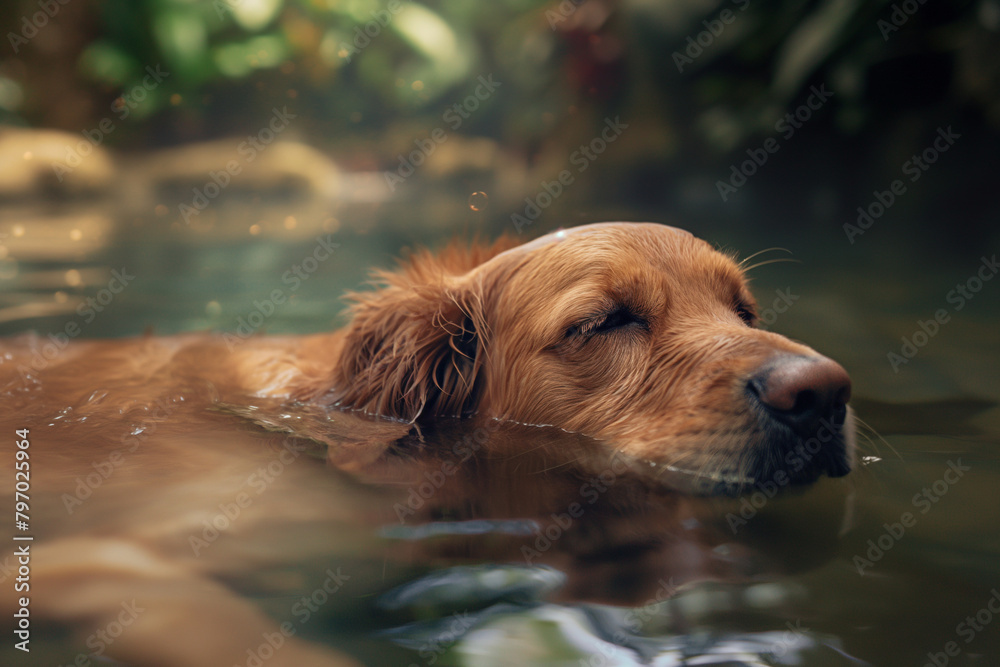 Golden Retriever Relishes Serene Water Therapy, Symbolizing Relaxation and Joy for National Dog Day – Perfect for Wellness and Pet Care Themes
