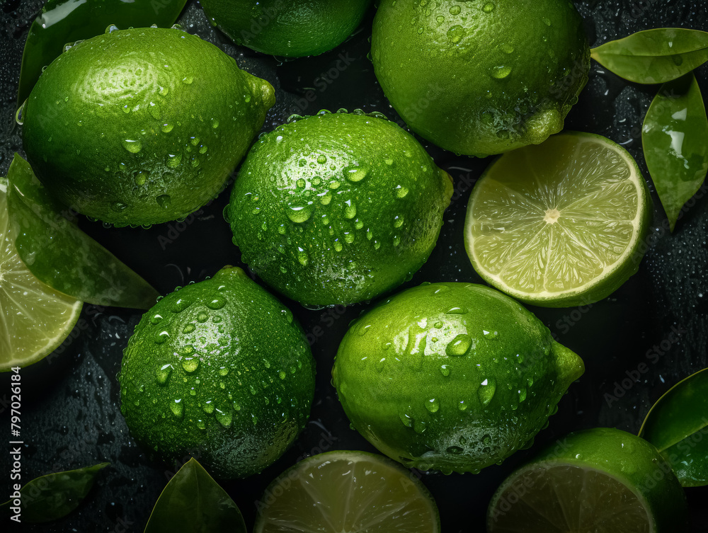 A bunch of green limes with some of them cut in half. The limes are wet and shiny A bunch of green limes with some of them cut in half. The limes are wet and shiny