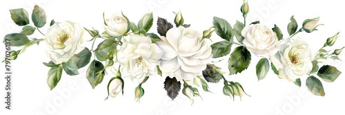 Watercolor Frame with White Roses and Leaves Generative AI