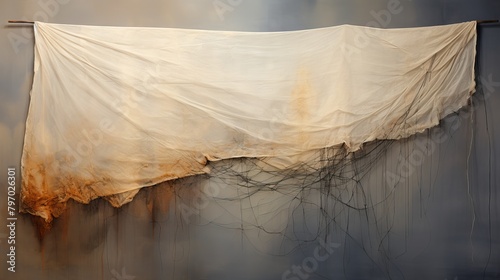 Close-up of a frayed textile with a single loose thread against a soft background photo