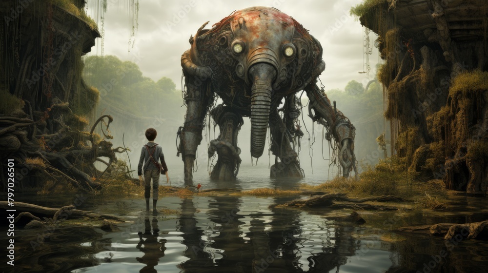 An enigmatic artwork of a young boy facing an enormous octopus in a murky, swampy landscape An enigmatic artwork of a young boy facing an enormous octopus in a murky, swampy landscape