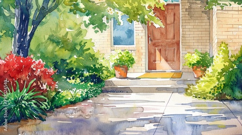 A watercolor painting of a home entrance with no steps and a bright welcome mat, emphasizing accessibility