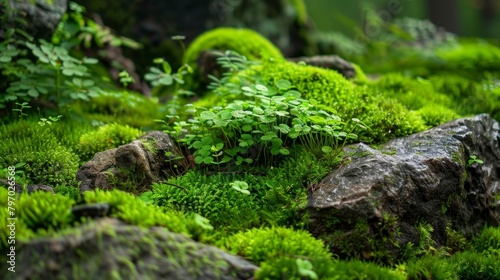 Enchanted forest floor with vibrant green moss and clover