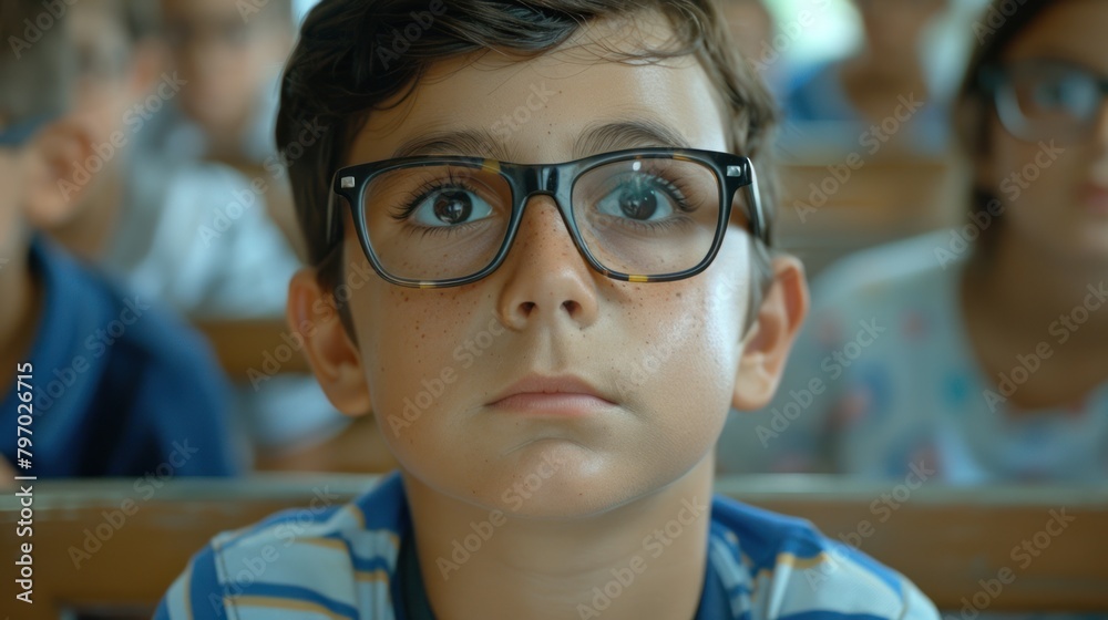 A young boy wearing glasses sits in a classroom.