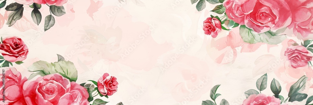 Watercolor Floral Invitation with Pink Roses and Leaves Generative AI