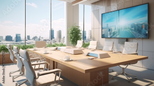 Open and airy boardroom features a large table  chairs  screens and a stunning backdrop of the urban skyline
