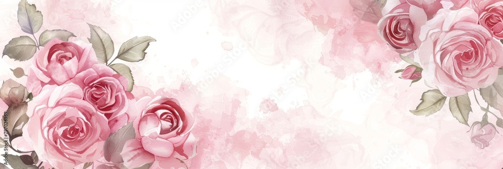 Watercolor Floral Invitation with Pink Roses and Leaves Generative AI