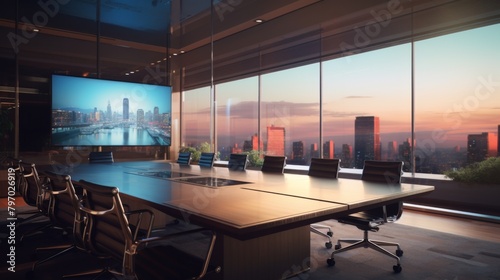 A spacious and sophisticated meeting room with panoramic views of the city skyline during sunset, reflecting a blend of business and urban beauty