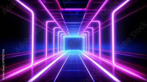 This image presents a 3D corridor illuminated with blue and pink neon lights, suggesting digital and futuristic themes