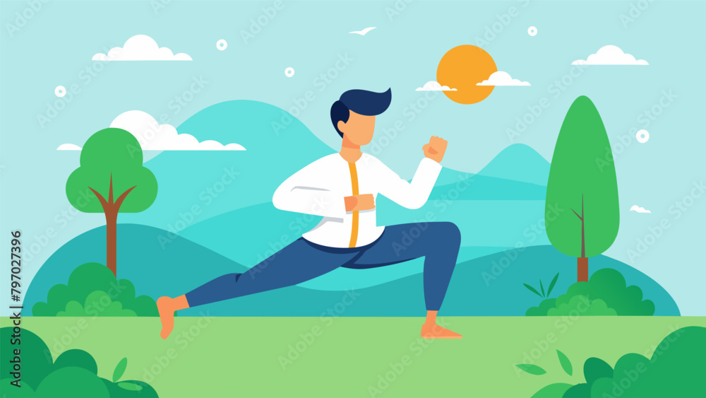 A person practicing martial arts in a park incorporating meditation breaks into their training routine to improve their mental focus and A person practicing martial arts in a park incorporating meditation breaks into their training routine to improve their mental focus and