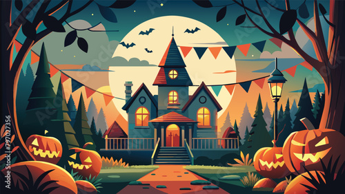 Dive into the darkness of Halloween night with wicked pumpkins, bats, and a haunting castle under the light of the full moon. Sinister banner illustration.
