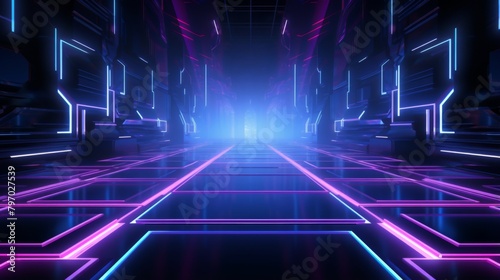 This image features a vibrant neon corridor with glowing blue and pink lights leading towards a hazy, illuminated end point