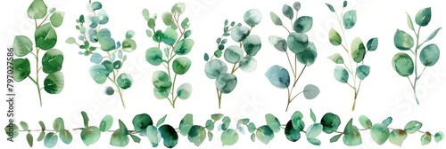 Watercolor Floral Illustration of Eucalyptus Leaves and Branches Generative AI