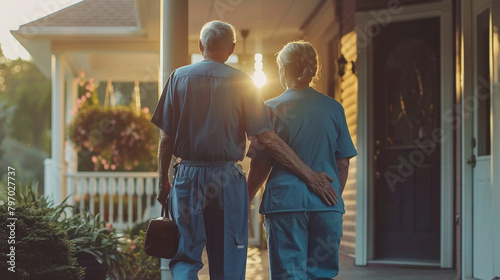Nurse Visiting Senior Patient At Home For Care, Providing A Helping Hand And Assistance At The Doorway During A House Call