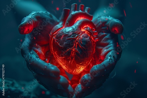 Closeup of hands holding a realistic human heart with veins and glowing red filaments against a medical background with cinematic lighting in dark blue and black colors © Anastasia Knyazeva