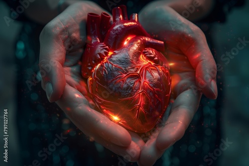 Closeup of hands holding a realistic human heart with veins and glowing red filaments against a medical background with cinematic lighting in dark blue and black colors