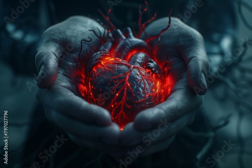 Closeup of hands holding a realistic human heart with veins and glowing red filaments against a medical background with cinematic lighting in dark blue and black colors