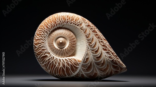 Detailed view of a weathered seashell against a dark background, highlighting its intricate patterns