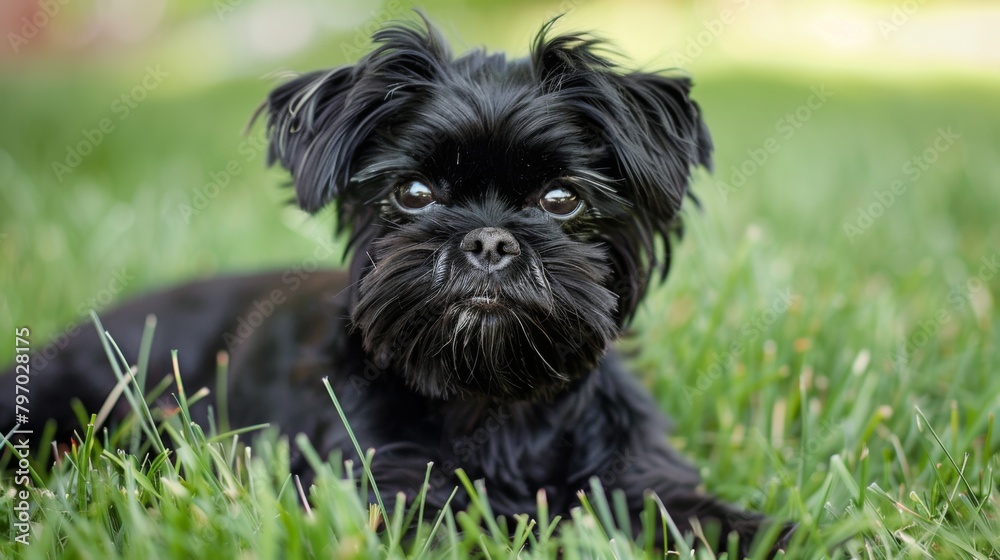 A charming photo of a black puppy posing on fresh green grass, showcasing the pure joy and simplicity of pet life A charming photo of a black puppy posing on fresh green grass, showcasing the pure joy and simplicity of pet life