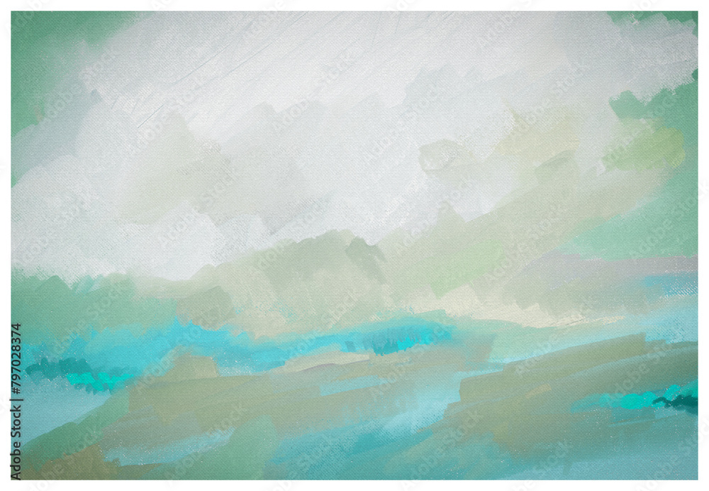 Impressionistic Cloudscape Landscape with Mountains, Forest, Meadow & Foothills in Teal & Gray-Art, Digital Painting, Artwork, Design, Illustration