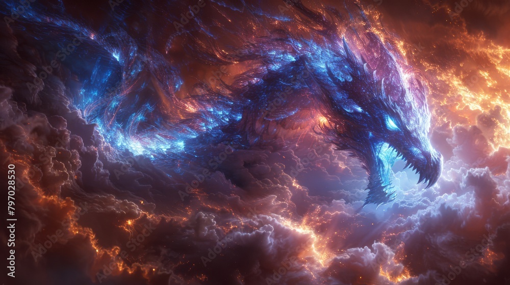 Spectral blue dragon wreathed in flames amid a turbulent storm