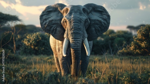 An elephant is captured standing boldly on the grassland against the backdrop of a golden savannah sunset