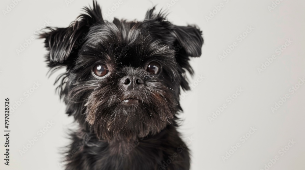 A polished portrait of a black Brussels Griffon with a white backdrop, focusing on its expressive eyes and glossy fur A polished portrait of a black Brussels Griffon with a white backdrop, focusing on its expressive eyes and glossy fur