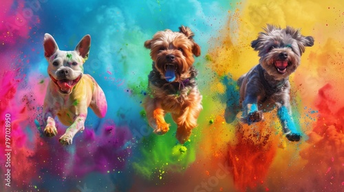 Three diverse dog breeds exhibit joy while bounding through a splash of spectacular colors, showcasing pure happiness photo