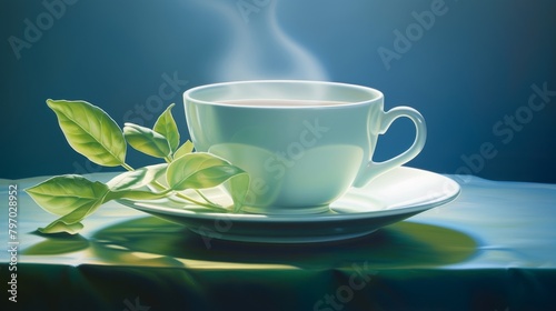 Elegant white tea cup with steaming hot tea and a fresh green leaf on a tranquil blue background