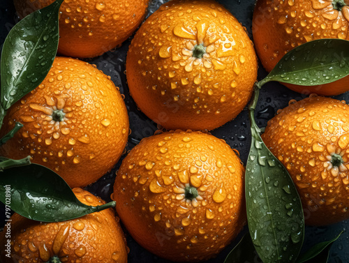 A bunch of oranges with green leaves on top. The oranges are wet and shiny. Concept of freshness and natural beauty