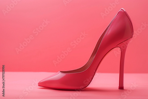 Elegant pink high heels standing gracefully on a sleek pink background, exuding sophistication and style -