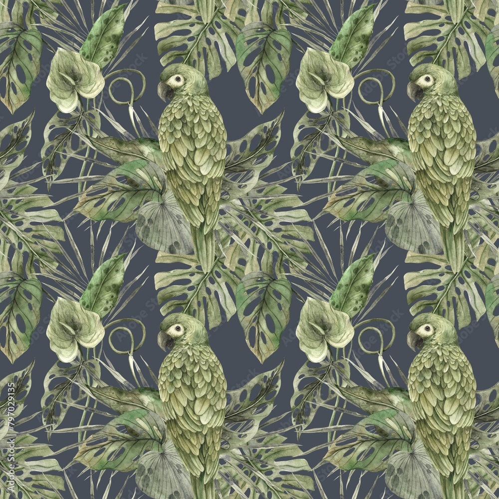 Obraz premium Green parrot, tropical monstera and palm leaves. Watercolor monochrome pattern in a visual floral and plant trend on a dark gray background. Pattern for textiles, cards, weddings, holidays, packaging.