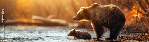 A mother bear and her cub are walking in the water