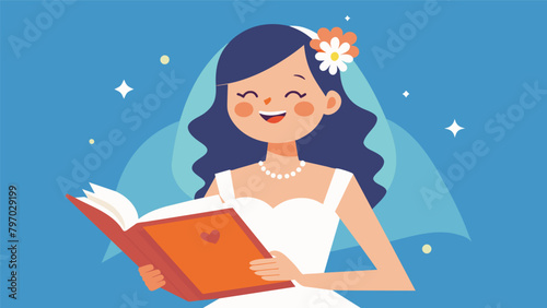 With a smile on her face and a le in her eye the bride giddily flips through her wedding album unable to contain her excitement.. Vector illustration