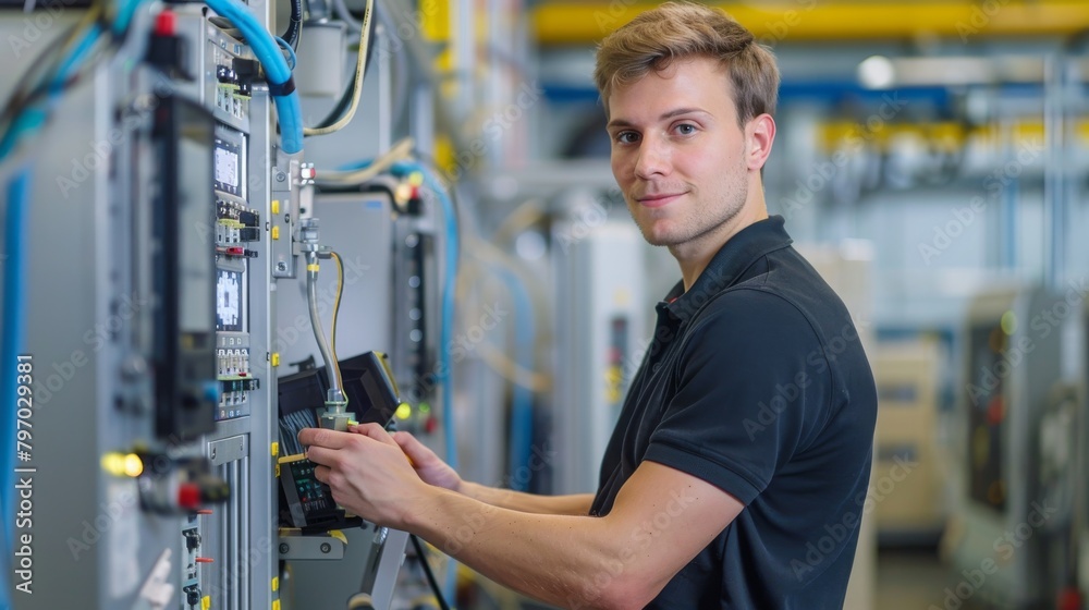 A professional technician adjusts settings on an electrical control panel in an industrial setting A professional technician adjusts settings on an electrical control panel in an industrial setting