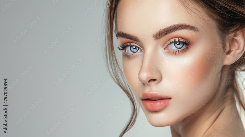 Beautiful woman face close up. Perfect skin. Professional make up. AI. Beautiful woman face close up. Perfect skin. Professional make up. AI.