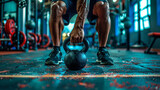 Close-up of a kettlebell on the floor in a gym. AI.