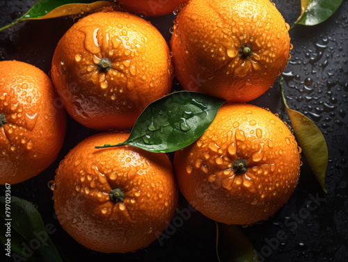 A bunch of oranges with green leaves on top. The oranges are wet and shiny. Concept of freshness and natural beauty
