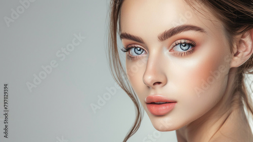 Beautiful woman face close up. Perfect skin. Professional make up. AI.