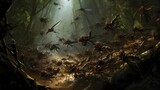 Dramatic scene of army ants in a dense, foggy forest, showcasing nature's complexity