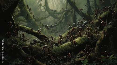 Dramatic scene of army ants in a dense, foggy forest, showcasing nature's complexity photo