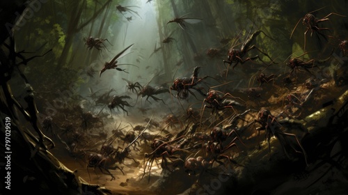 Dramatic scene of army ants in a dense, foggy forest, showcasing nature's complexity photo