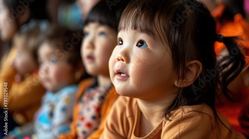 A group of Asian children sits during a lesson in a primary school. They have different facial expressions. The background is blurred.