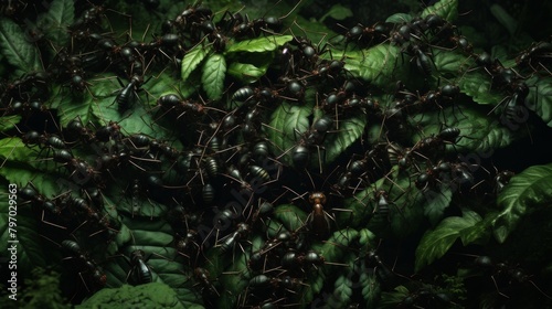 Dramatic scene of army ants in a dense  foggy forest  showcasing nature s complexity