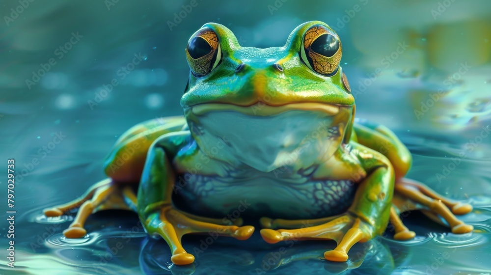 A colorful and detailed close-up of a tree frog with a focus on its eyes, sitting in water, conveying a sense of calmness A colorful and detailed close-up of a tree frog with a focus on its eyes, sitting in water, conveying a sense of calmness