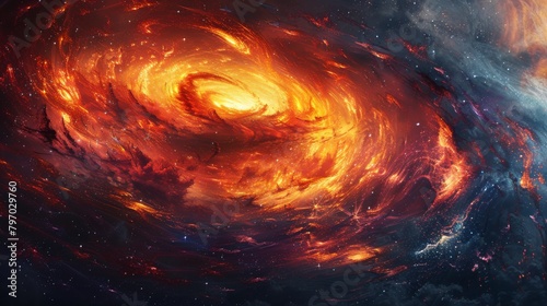 Fiery vortex swirling with intense flames and cloud abstraction in dramatic artwork