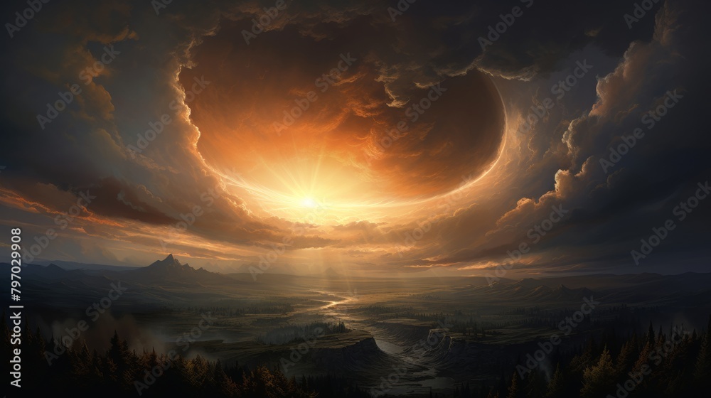 Dramatic sunset over lush landscape with crescent moon and swirling storm clouds